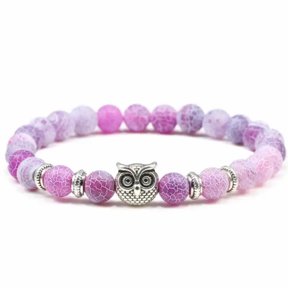 Natural Stone Beads w/ Silver Owl Bracelet